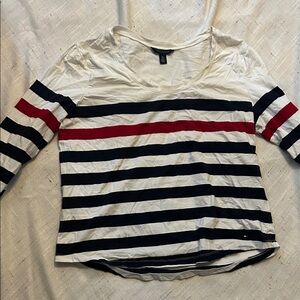 Tommy Hilfiger Women's Navy and Red Striped Long Sleeve Top